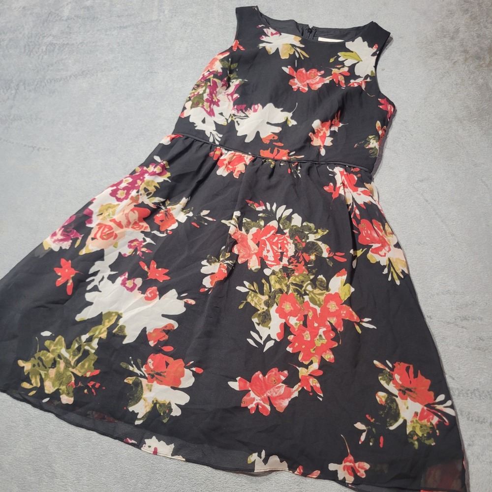 LOFT Dress Women 4 Black Floral Sleeveless Fit Flare Summer Party Romantic Sheer